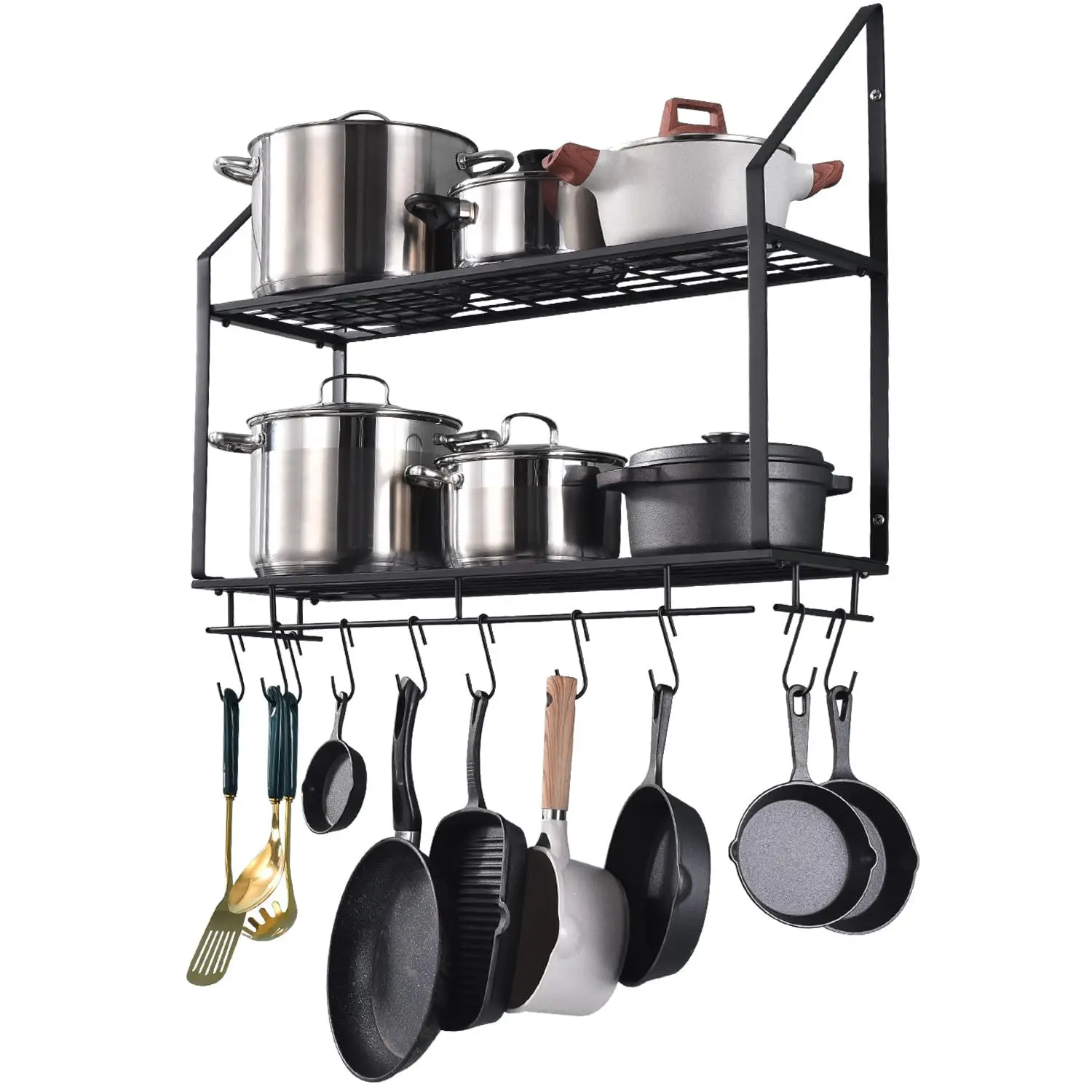 

2 Tier Wall Mounted Kitchen Hanging Pot Rack Kitchen Storage Rack with 10 Hook Holders Kitchen Storage Organizer