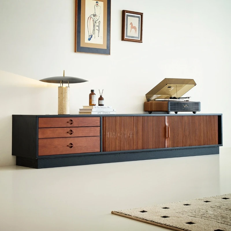 LTT French retro black solid wood small apartment living room and home medium ancient style floor-to-ceiling TV cabinet
