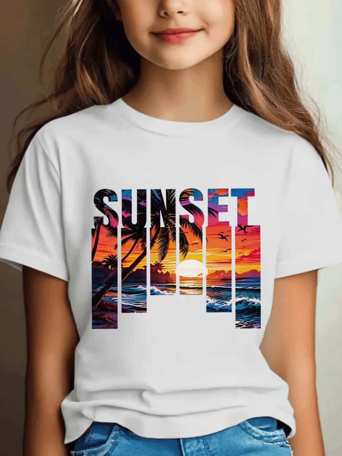 Cute Hawaii Sunset Beach Palm Letter Print Kids Tee Boys Girls Family Matching Cotton Crew Neck Short Sleeve Soft Summer Tee