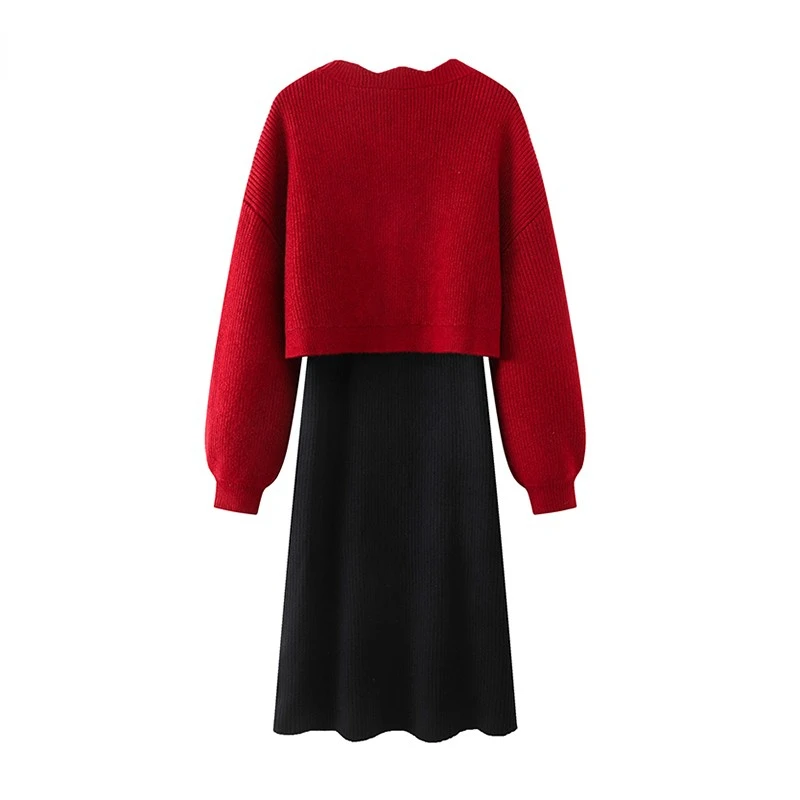 2024 Spring New Chinese Style Fashion Red Cardigan V-neck Long Sleeve Top Black Suspender Skirt Dress Set Women's Knited Dresses