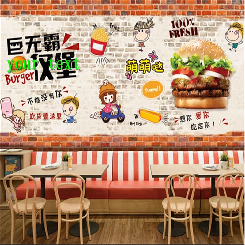 

Custom Hamburger Hot Dogs fries Wall Paper 3D Burgers Western Fast Food Restaurant Background Wall Mural Wallpaper 3D Snack Bar