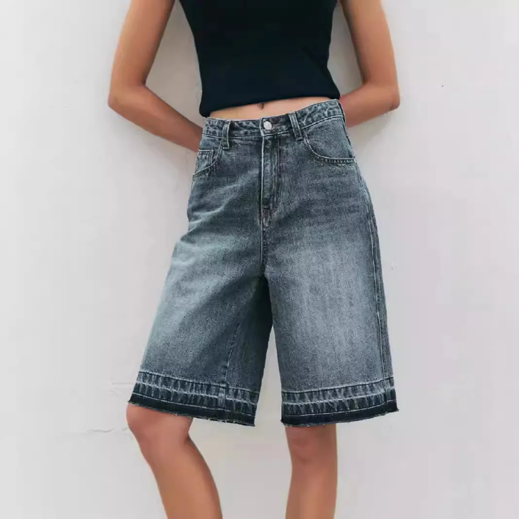 Knee Length Pant Women Jeans Denim Wide Leg Pants Vintage Loose High Waist Button Pockets Lady Streetwear Trousers Summer