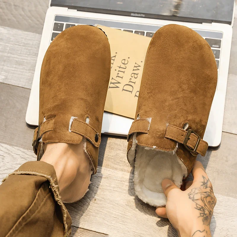 Winter Fur Clogs For Men Women Plush Classic Cork Slippers Fashion Suede Mules Slip-on Flat Sandals Adjustable Buckle Slippers