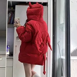 Couple Hooded Cotton Padded Jacket Winter Thicken Parka Women Hip Hop Devil Horns Wing with Doll Bag High Streetwear Puffer Coat