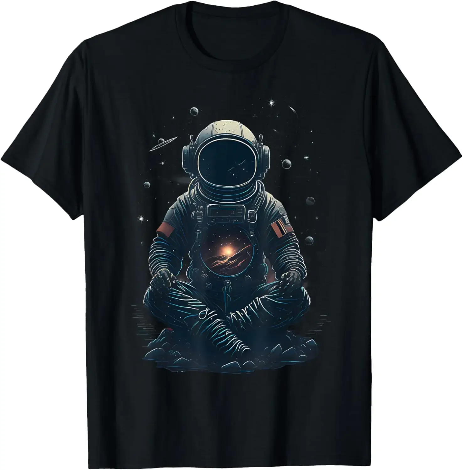 

Meditating Astronaut Graphic Tee Zen Space Scene Short Sleeve Cotton T-Shirt for Men