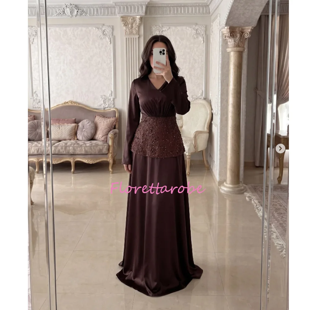 

V-neck Beaded A-line Evening Dress Long Sleeves Satin Floor Length Prom Gown Customized свадебное платье