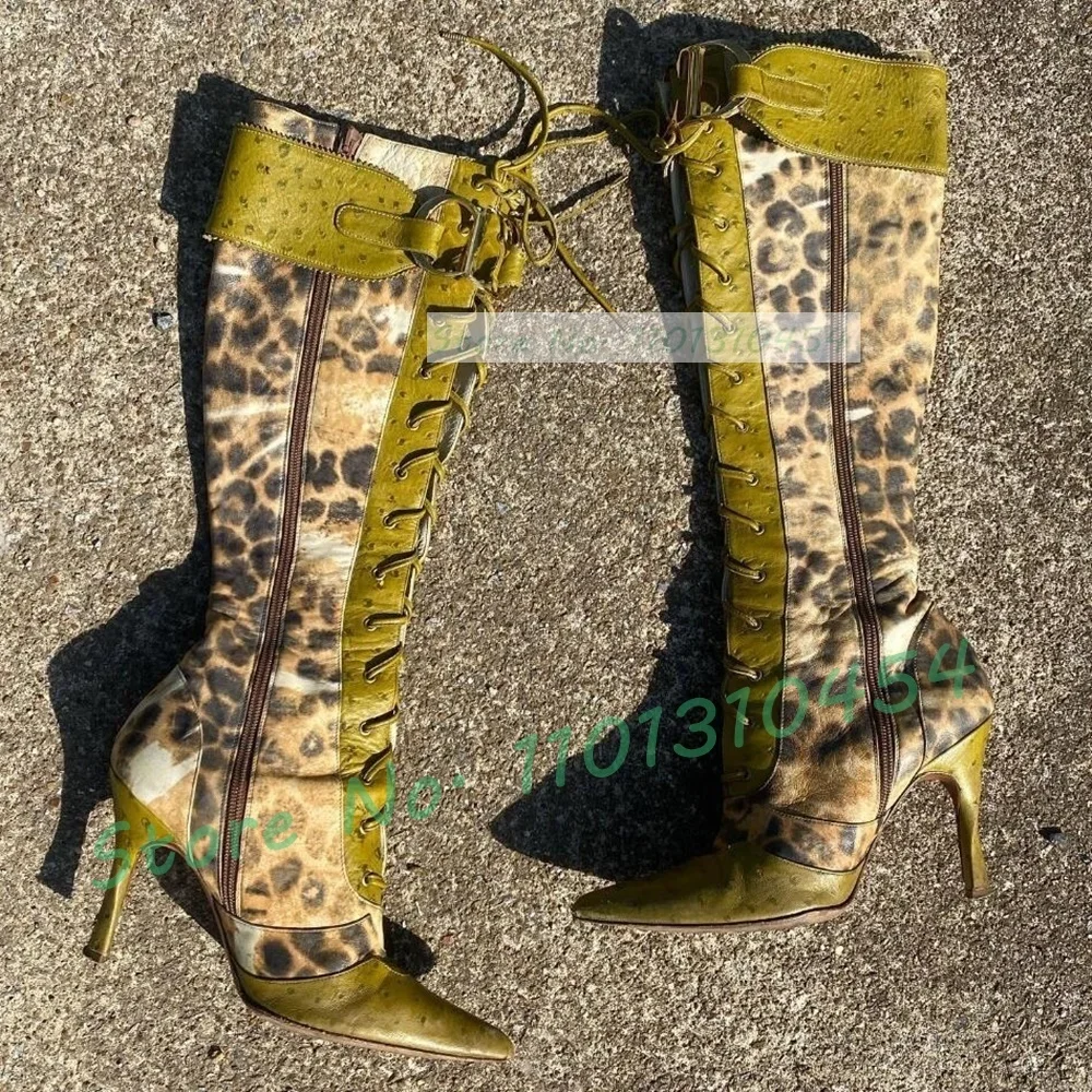 Green Leopard Splicing Knee High Boots Sexy Ladies Cross Tied Point Toe High Heels Boots Women Metal Buckle Decor Big Size Shoes