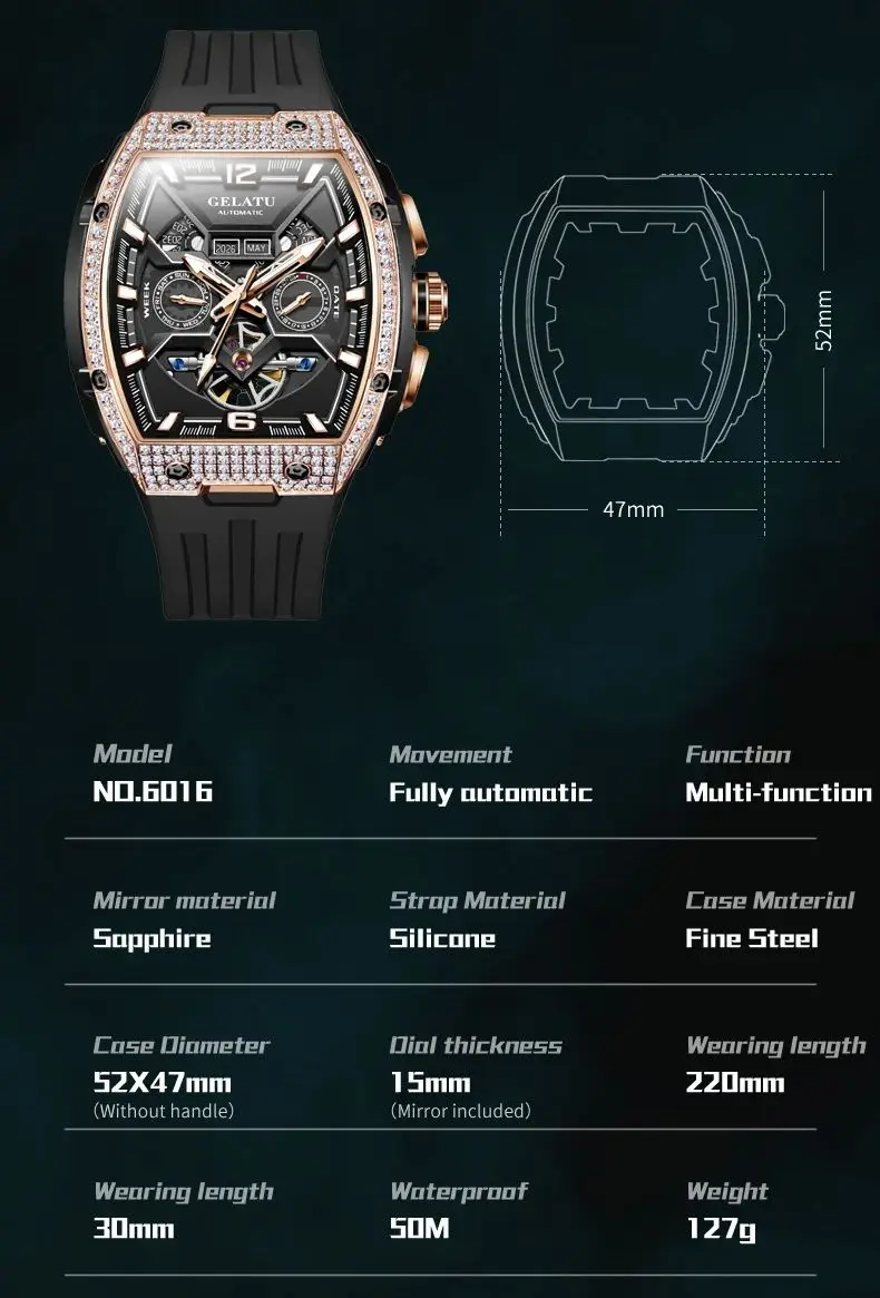 GELATU 6016 Big Dial Mechanical Watch For Men Hollow Deep Waterproof Diamond Wristwatch Silicone Strap Automatic Man Watch 2024