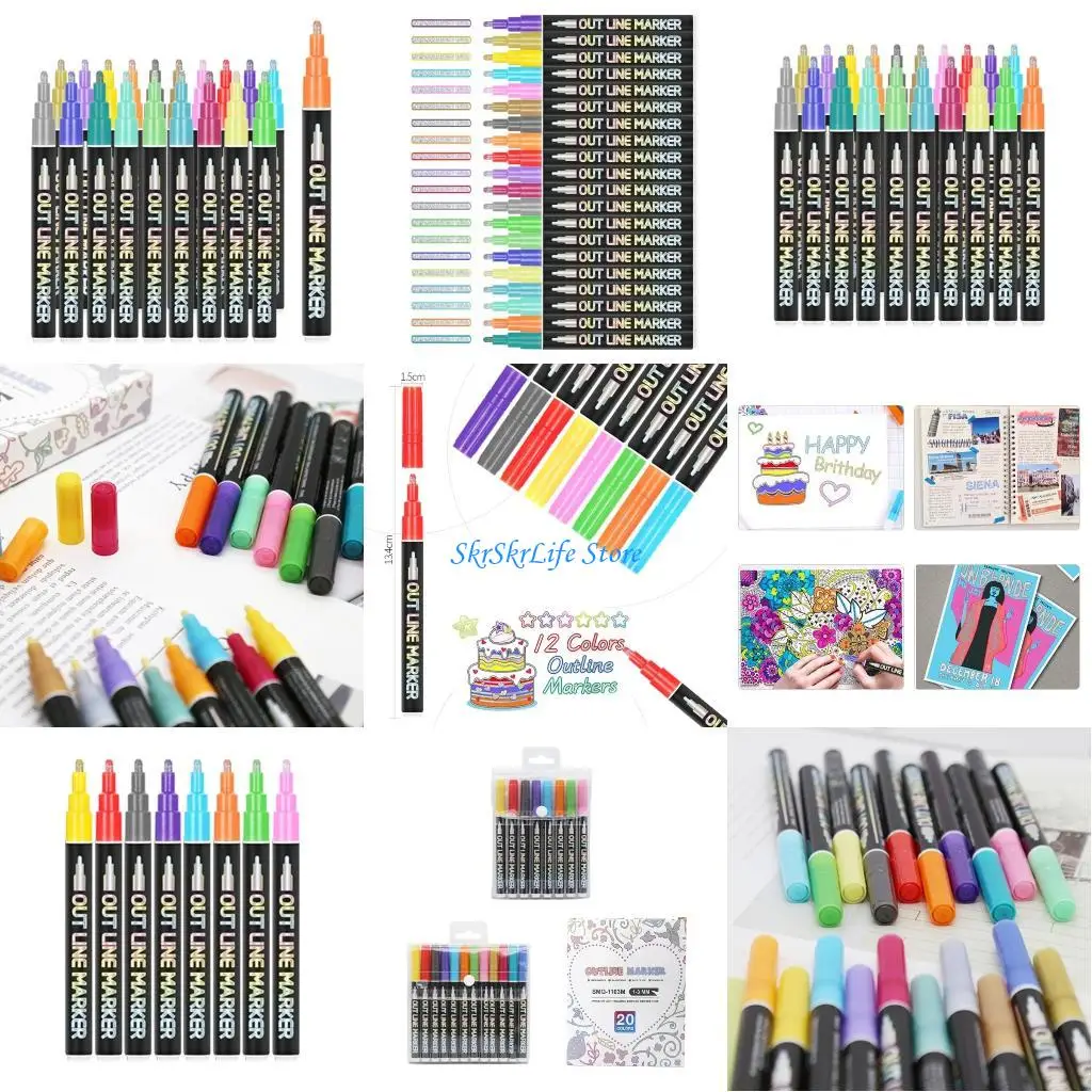 

E65E 8/12/20 Colors Metallic Outline Markers Pens Glitter Double Line Outline Pens for Birthday/Christmas Card, Scrapbooking
