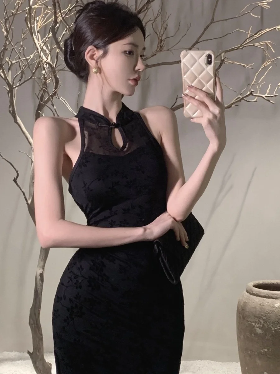 

Женское летнее платье-ципао Ele Bla Midi в стиле ретро с круглым вырезом, облегающее, в стиле Хепберн, китайский стиль, новинка