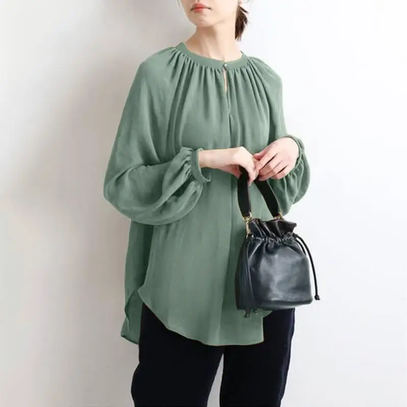 

Women's Long Sve irt Top round Ne Mid-Length Polyester Fiber Faionable Ladies' Premium Quali irt