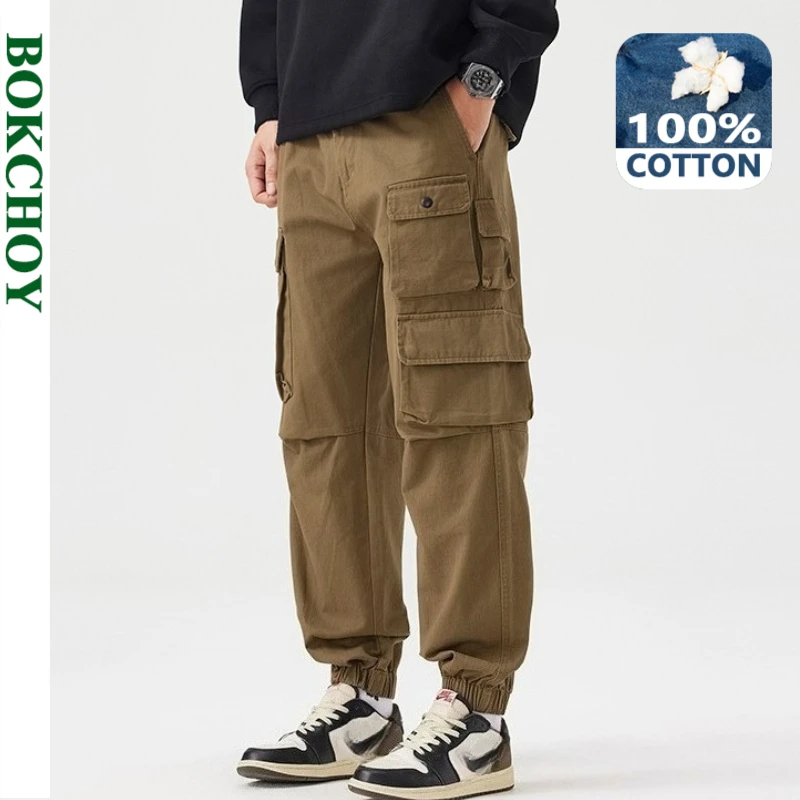 

2025 Autumn New Vintage Multi-pockets 100% Cotton Cargo Pants for Men Clothing Comfort Zipper Male Trouser GF258115