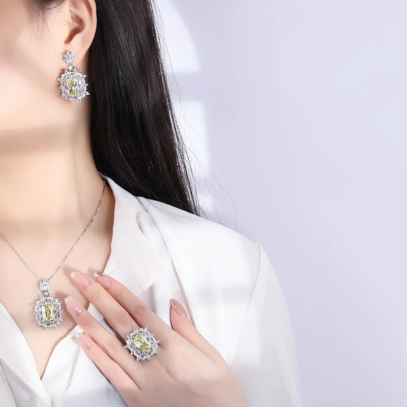 Jewelry Copper Gold-Plated Vintage Yellow Diamond Base Women's Handmade Inlaid Diamond Set Main Stone 10*14