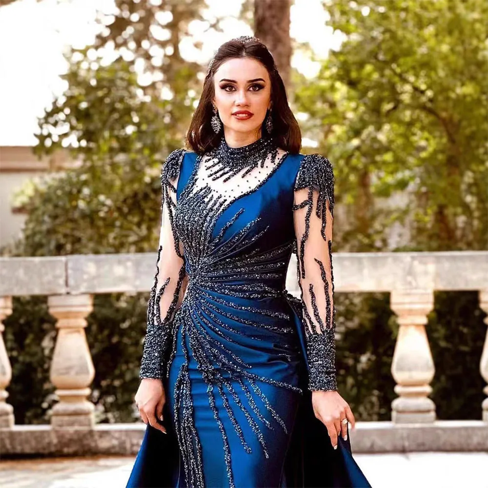 Exquisite Blue Sequined Beading Evening Dresses for Elegant Women Long Sleeve High Neck Chapel Train Prom Dress Formal Gowns