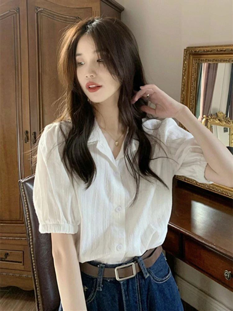 Short Sleeve Shirts Womens Lace Stand Collar Slim Fit Pintuck Top School Romantic Sweet Preppy Girly College Young Student Look