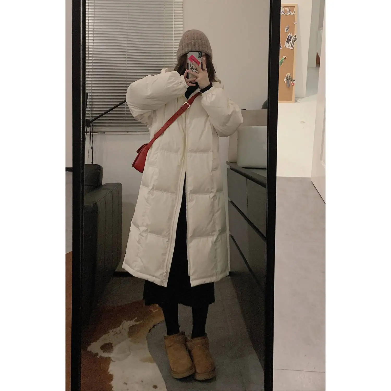 

White Duck Down Jacket Women Korean Fashion Loose Winter Thickened Coat Mid-length Hooded Zipper 2023 New Winter Clothing A45