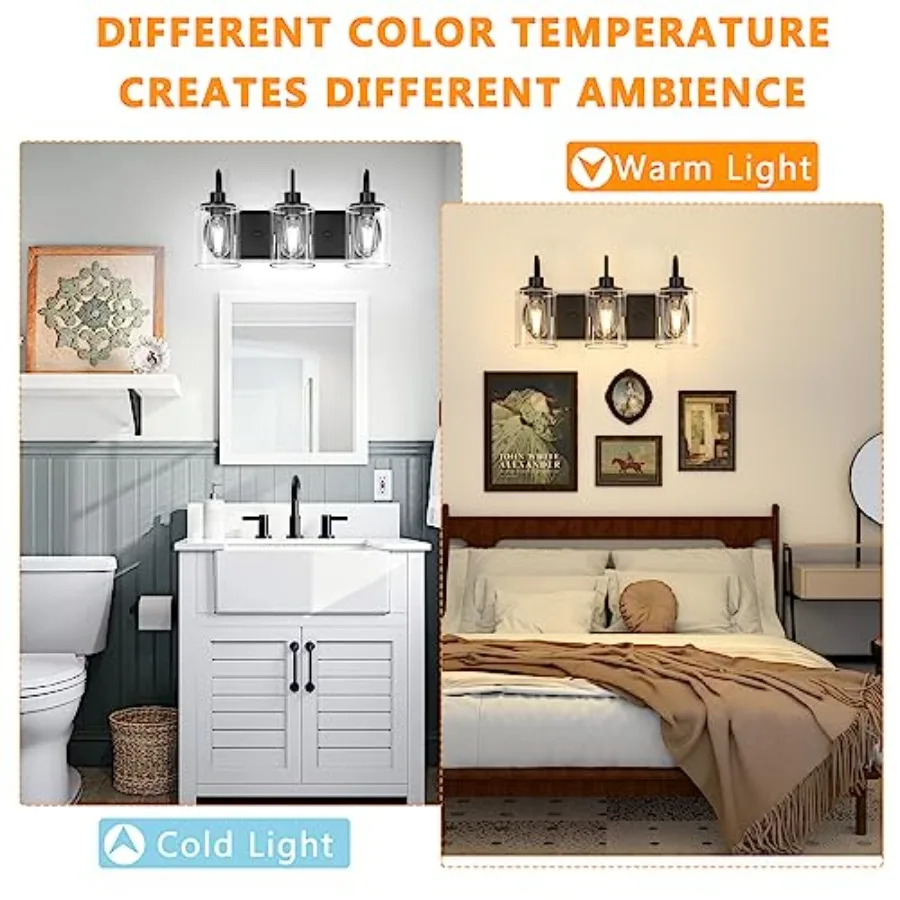 3-Light Bathroom Light Fixtures, Vanity Light Farmhouse Wall Sconces with Clear Glass Shade, Modern Bathroom Wall Lamp for Mirr view 4