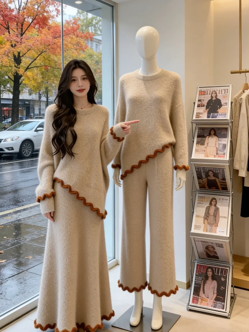 

Korean Sle Soft Floral Knitted Sweater And Skirt Set Long Sve round Ne High Waist Casual Early Spring Faion Ensemble