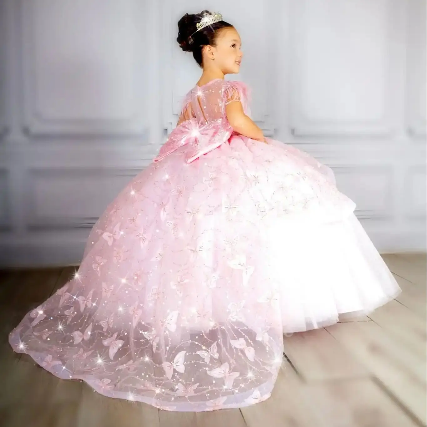 Lovely Pink Flower Girl Dresses Customized Butterfly Kids Princess Gown Birthday Party Gowns Quinceanera Girl's Pageant Dress