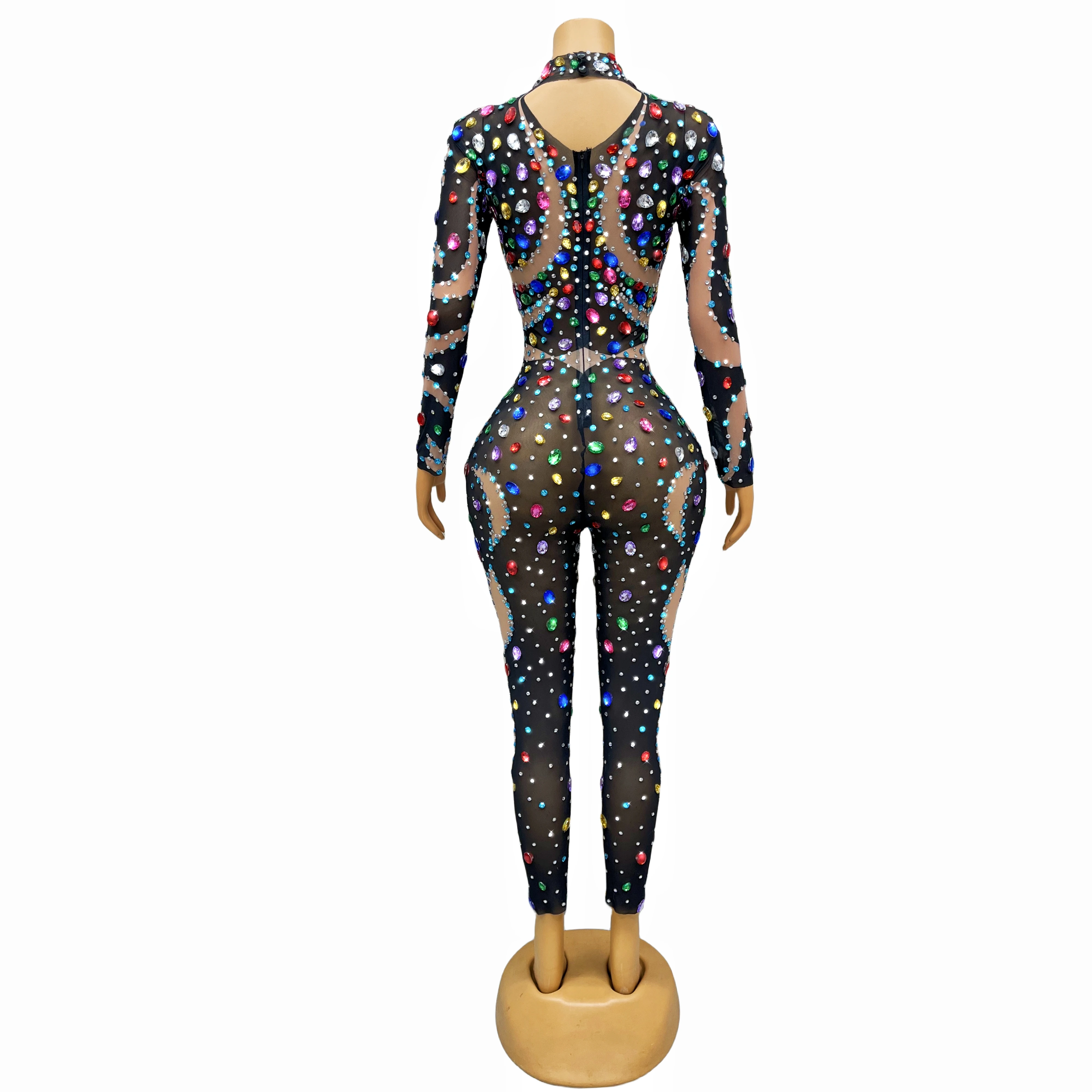 Evening Celebrate luxurious Colorful Rhinestones Black Jumpsuit Transparent Mesh Sexy Dance Outfit Bodysuit Costume youyu