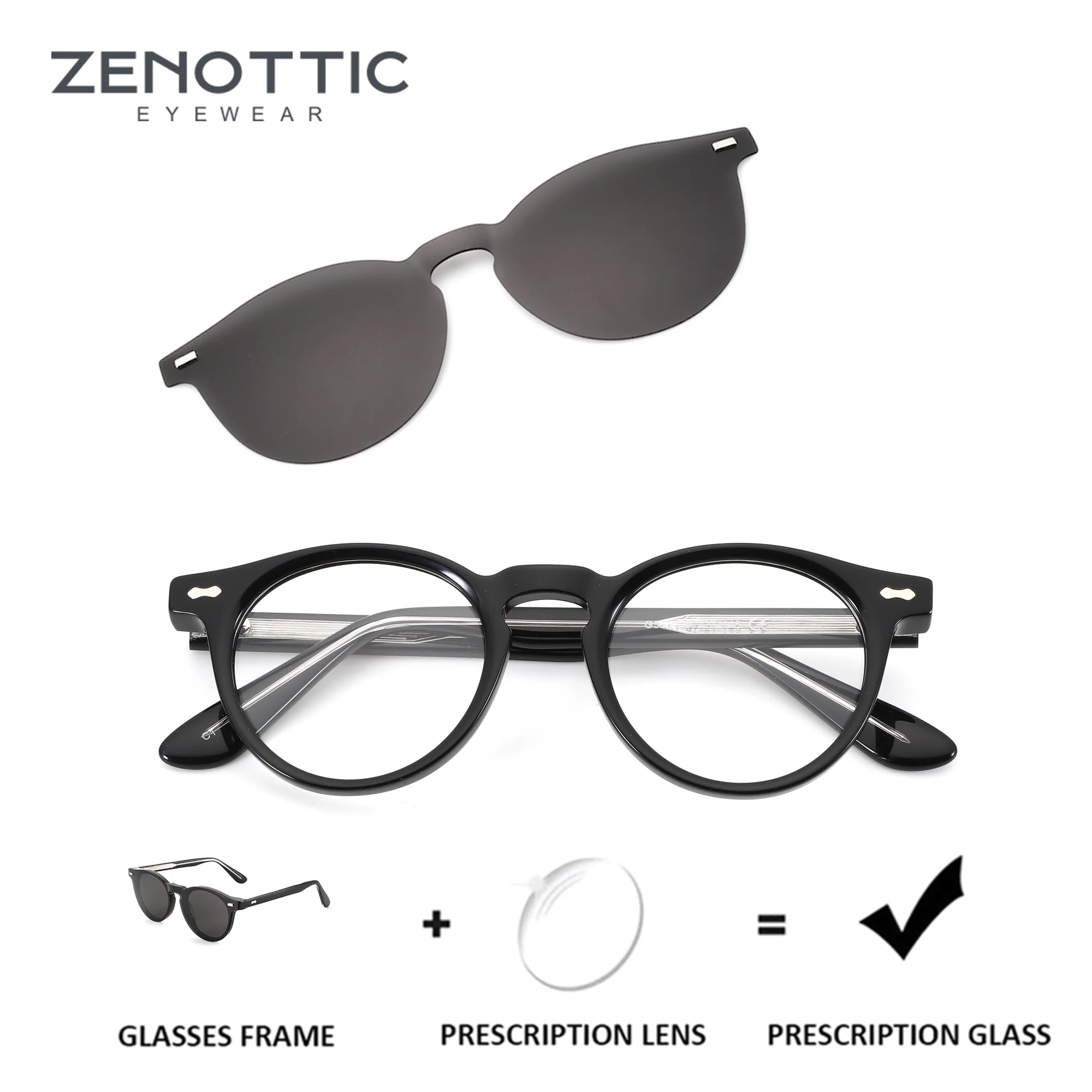 zenottic-ラウンドアセテートクリップオン処方メガネ男性用プログレッシブアンチブルーライトグラデーション眼鏡近視用