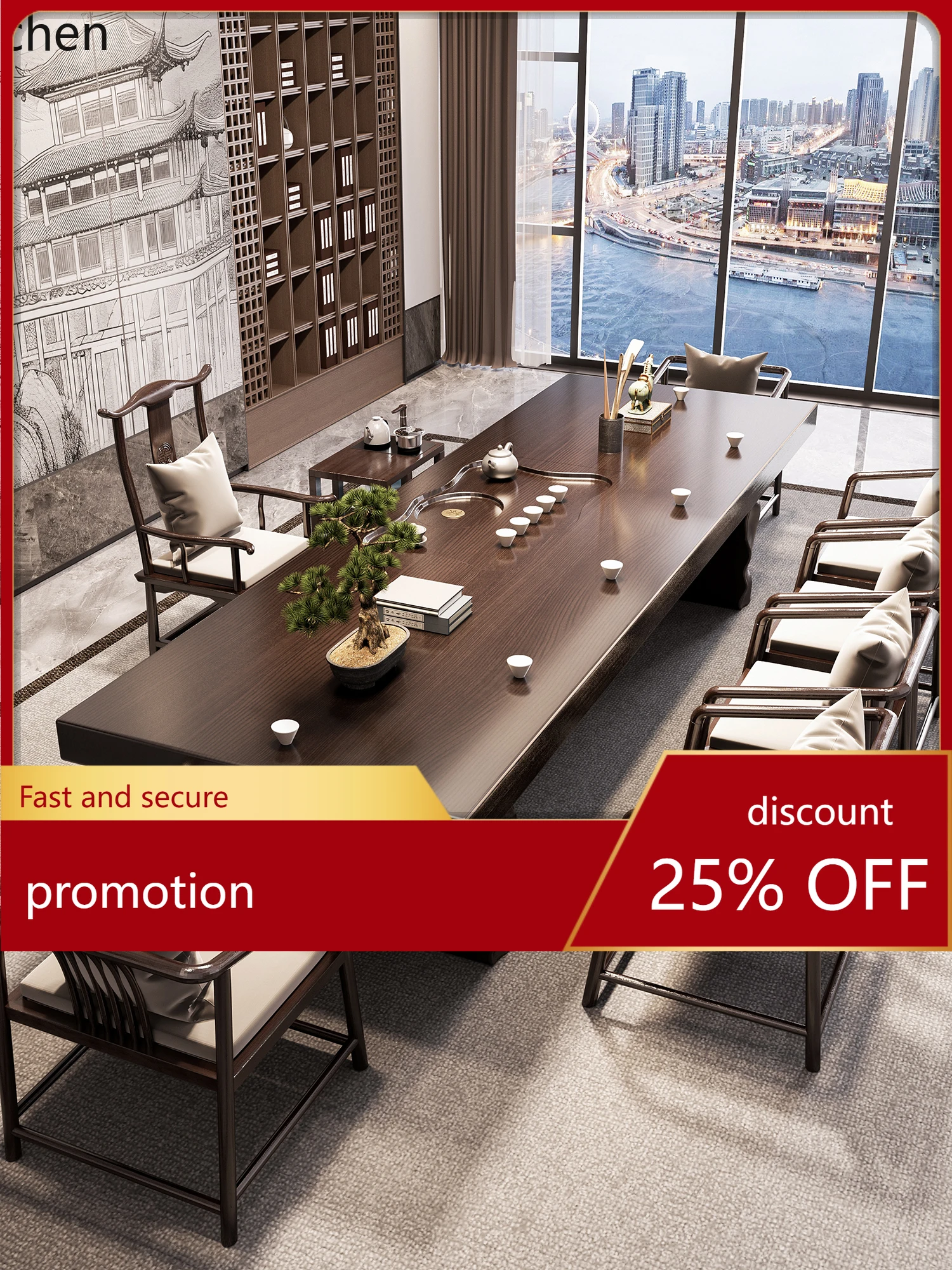 

CZ Solid Wood Tea Table and Chair Set for Home Office Large Tea Brewing Table