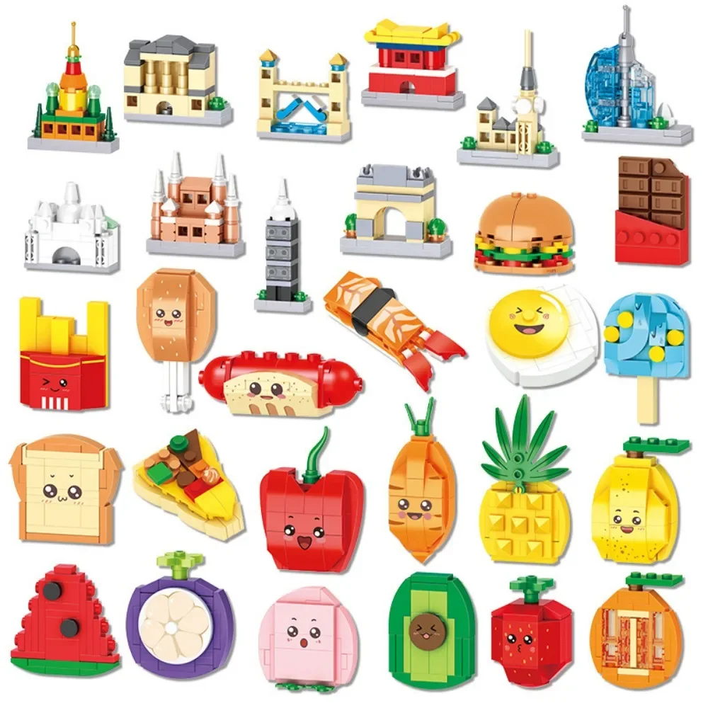 Architectural Street View Series Building Blocks Snacks Fruit Puzzle Model Assembly Toy Desktop Ornament Children Creative Gifts