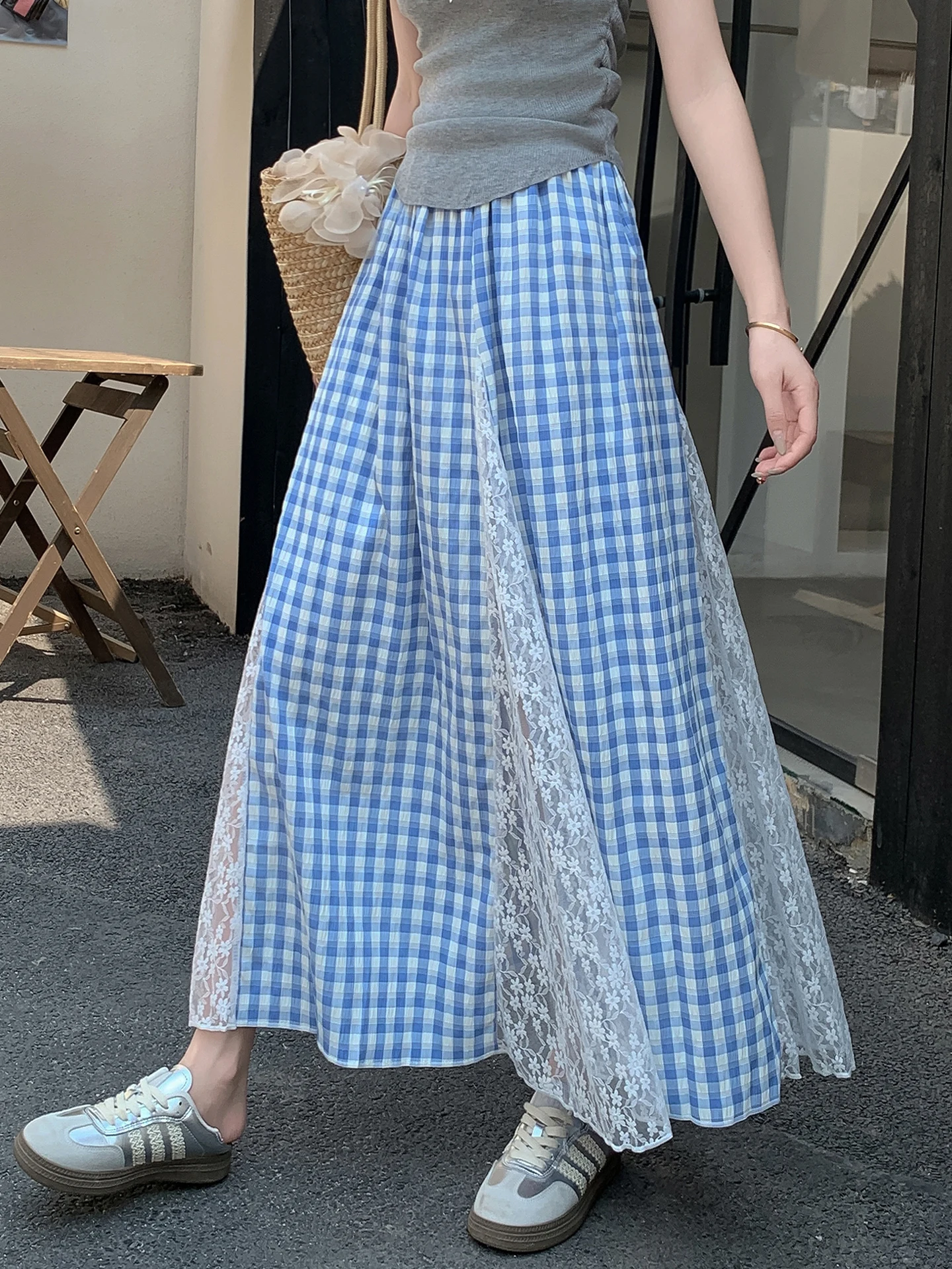 

High Waist A-Line Skirt Women's Spring Summer New Design Lace Patchwork Hook Flower Lace Skirts Breathable Skin-Friendly