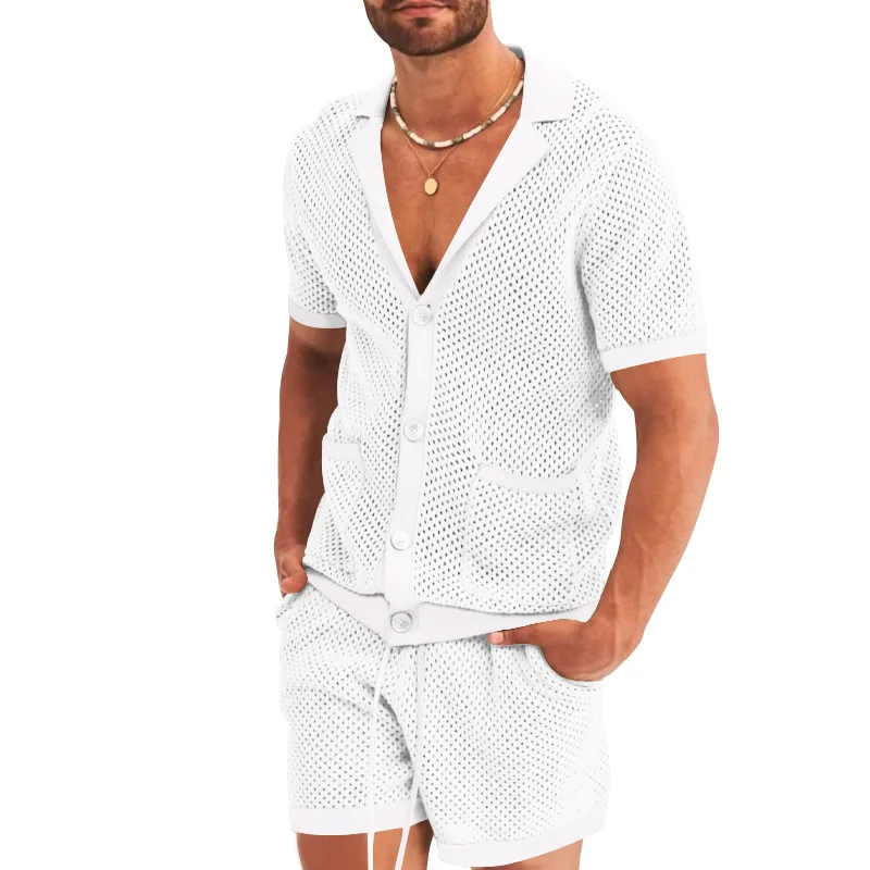 Summer New Men Cardigan Shorts Suits Hollow Out Knitted Casual Sports Lapel T-Shirt Short Sleeve Solid Beach Men\'s 2 Pieces Set