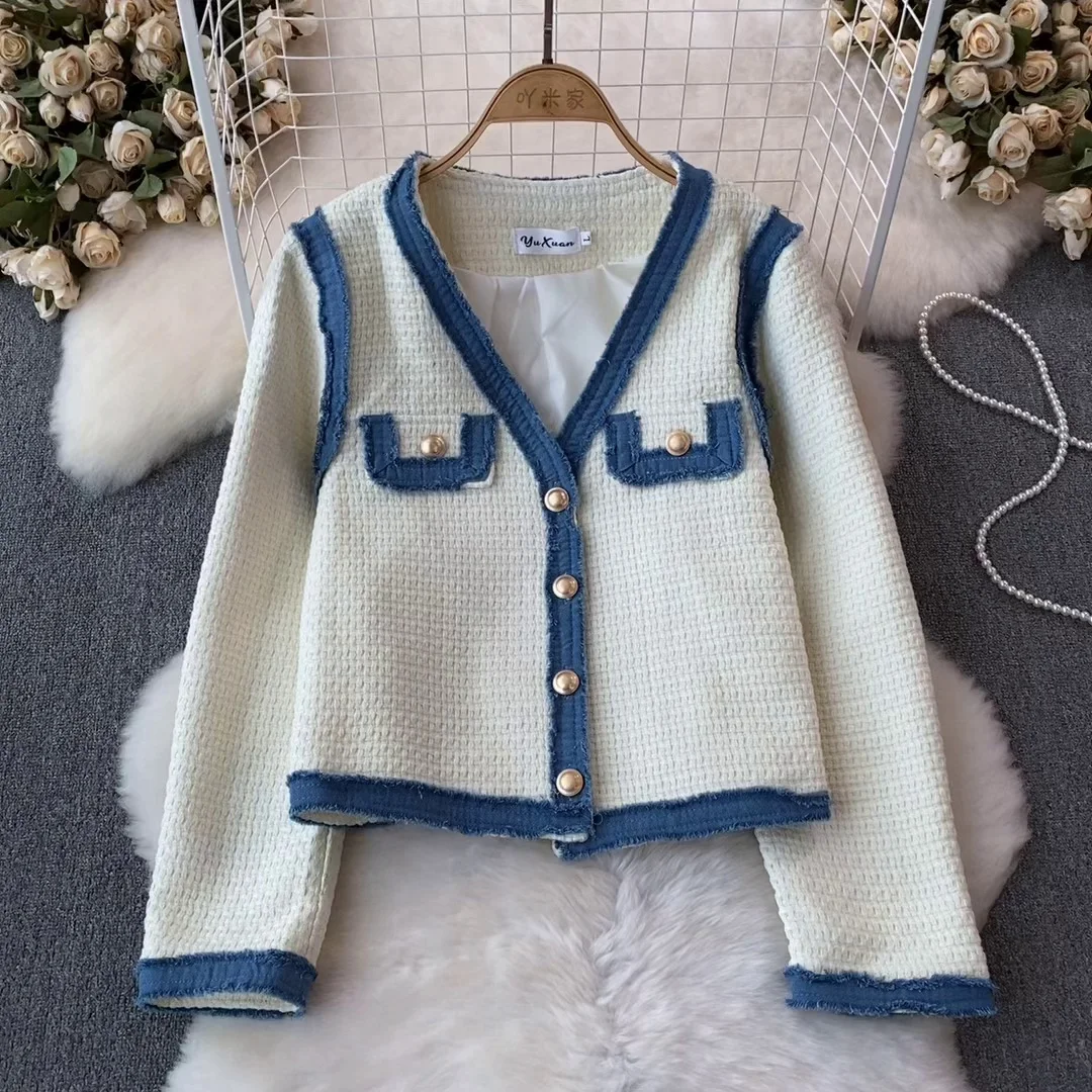 

Autumn Winter Tweed Jacket Women V-neck Single-breasted Long-sleeved Short Coat Elegant Fashion Denim Patchwork Outerwear