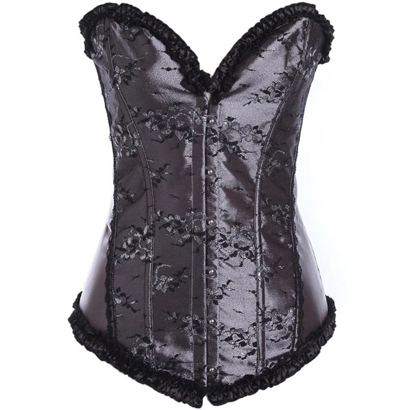 

Sexy Satin Overbust Corset Top Lace Bowknot Decorated Clubwear Showgirl Body Shaper Plus Size