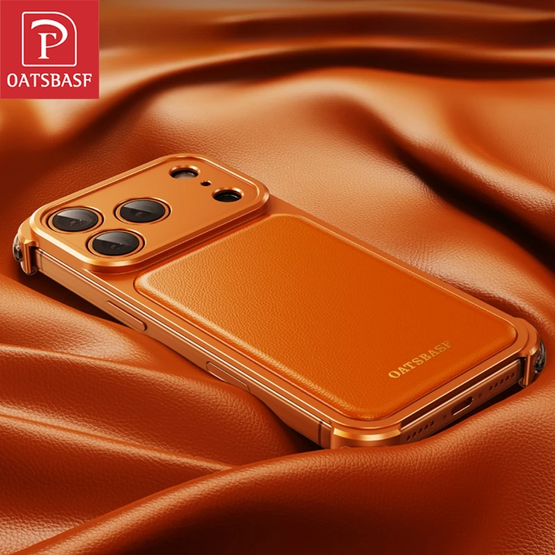 

Oatsbasf Leather Phone Case for iPhone 17 Pro Max/16 Pro Phone Cover Magsafe Metal Frameless Shockproof Protective Bumper Cover
