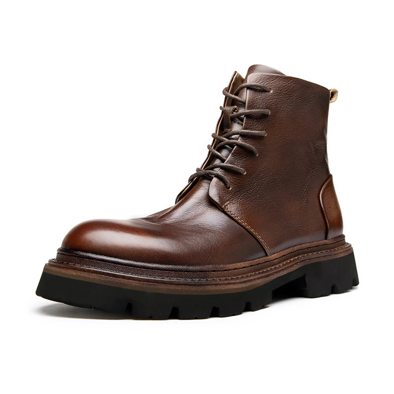 Botas clásicas de cuero genuino para hombre, Zapatos altos de suela gruesa, botas de caballero a la moda, botas de trabajo para exteriores, novedad de 2024