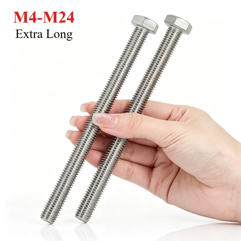 304 Stainless Steel Extra Long Hex Head Screws Bolts, M4 M5 M6 M8 M10 M12 M14 M16-M22 M24 Extended Length Hexagon Cap Screws