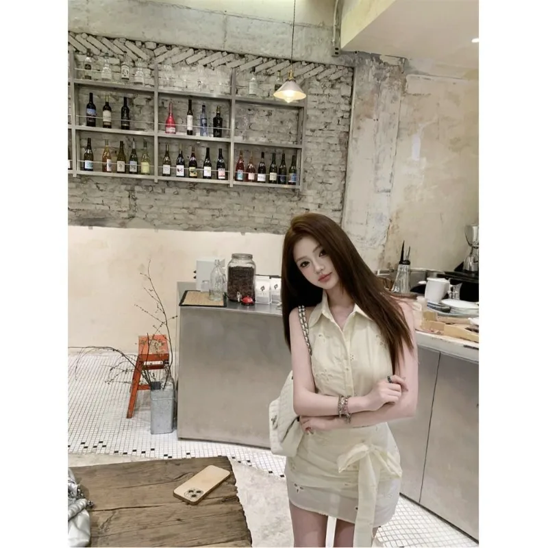 women 2026 Design Sense Suit Temperament Apricot Polo Collar Sleeveless Shirt Top Women's Summer Strap Skirt Two-piece Set