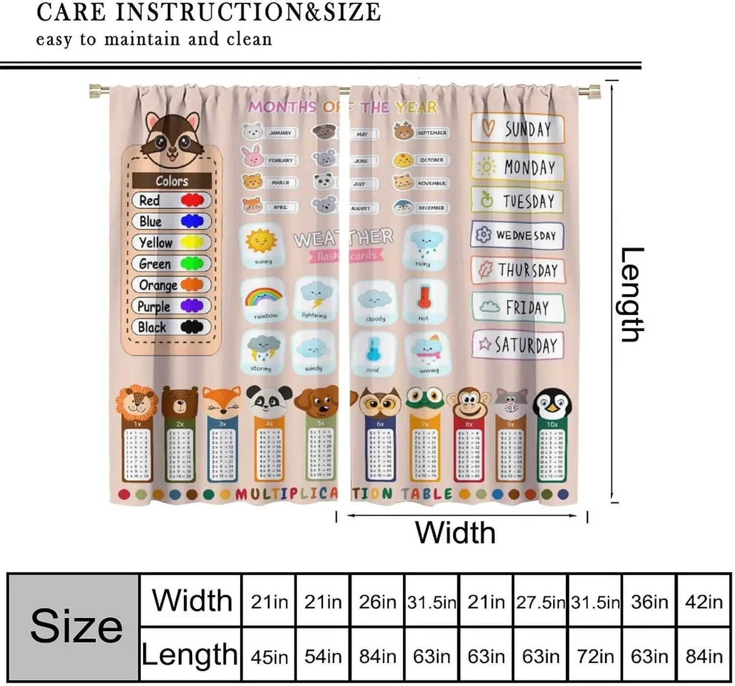 Learning Educational Curtain 2 Panels, Multiplication Table Month Animal Allover Beige Print, Curtains for Kids Home Curtain