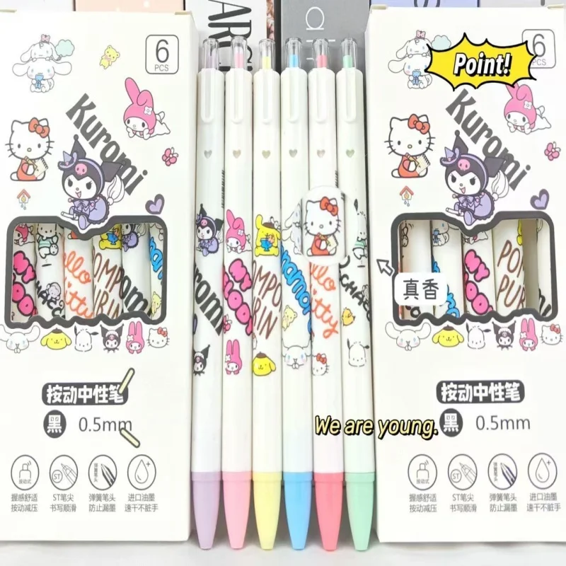 

6 Pcs/Set Sanrio Series Limited Quality Gel Pen Cartoon 0.5mm Black Quick-drying Pen Learning Office Stationery