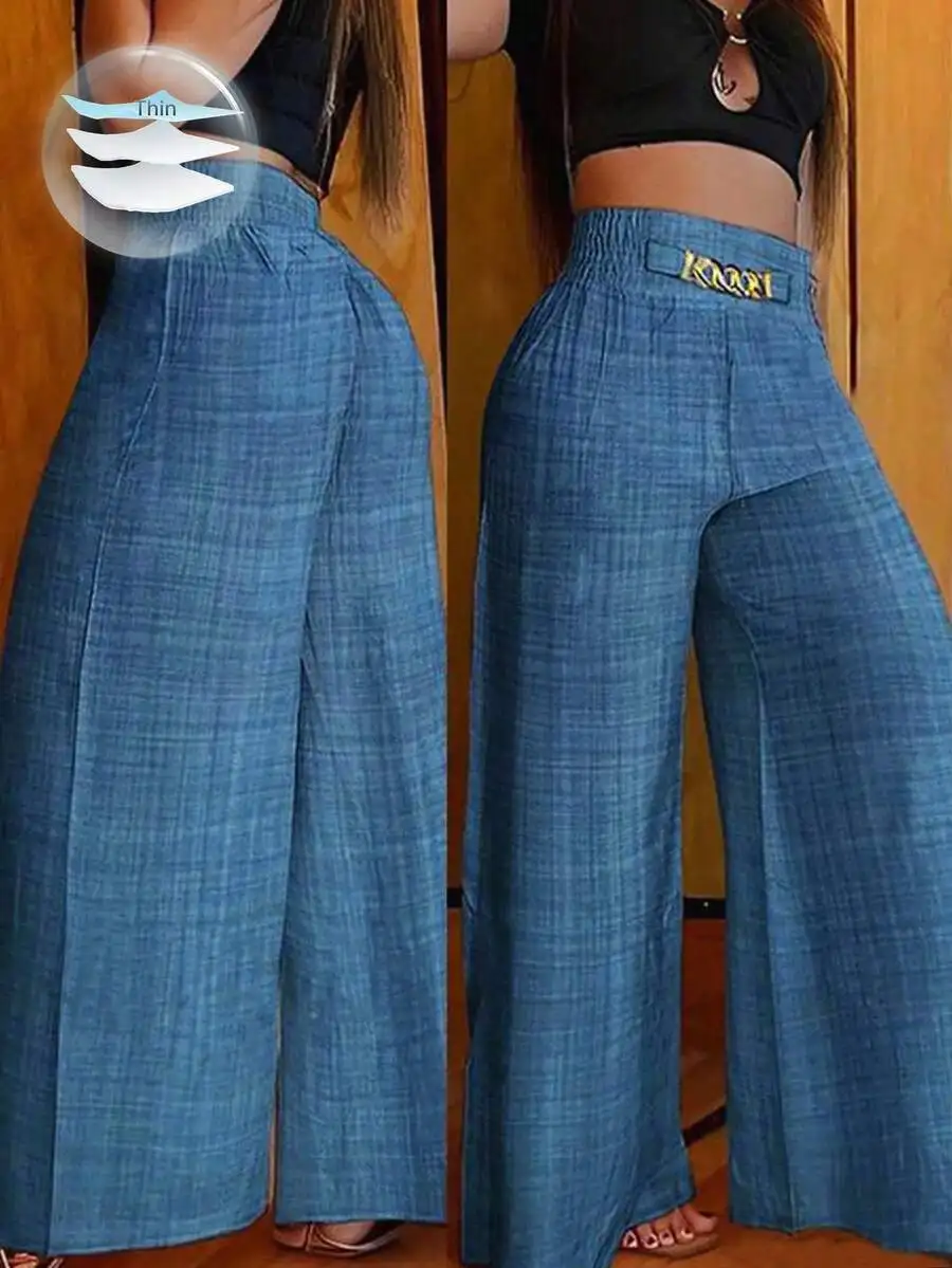 

Women's Wide Leg Loose Pants with Metal Chain Detail, Linen Blend Casual Trousers