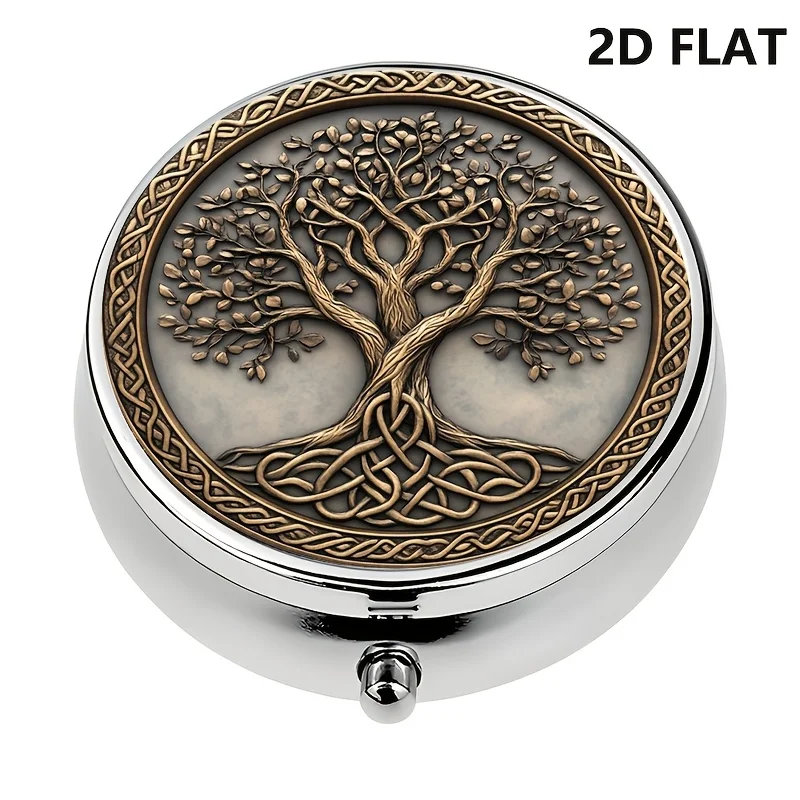 Flat design single-piece portable travel pill box, Celtic Tree of Life themed pill box, suitable for handbags, metal vitamin storage box, a perfect and unique gift for travel and vitamin storage