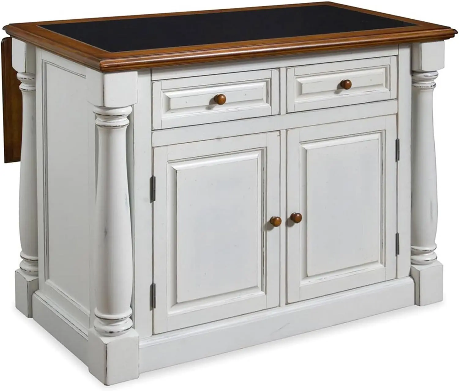 Monarch White Kitchen Island with Distressed Oak Top, Black Granite Top Inset, Hardwood, Breakfast Bar