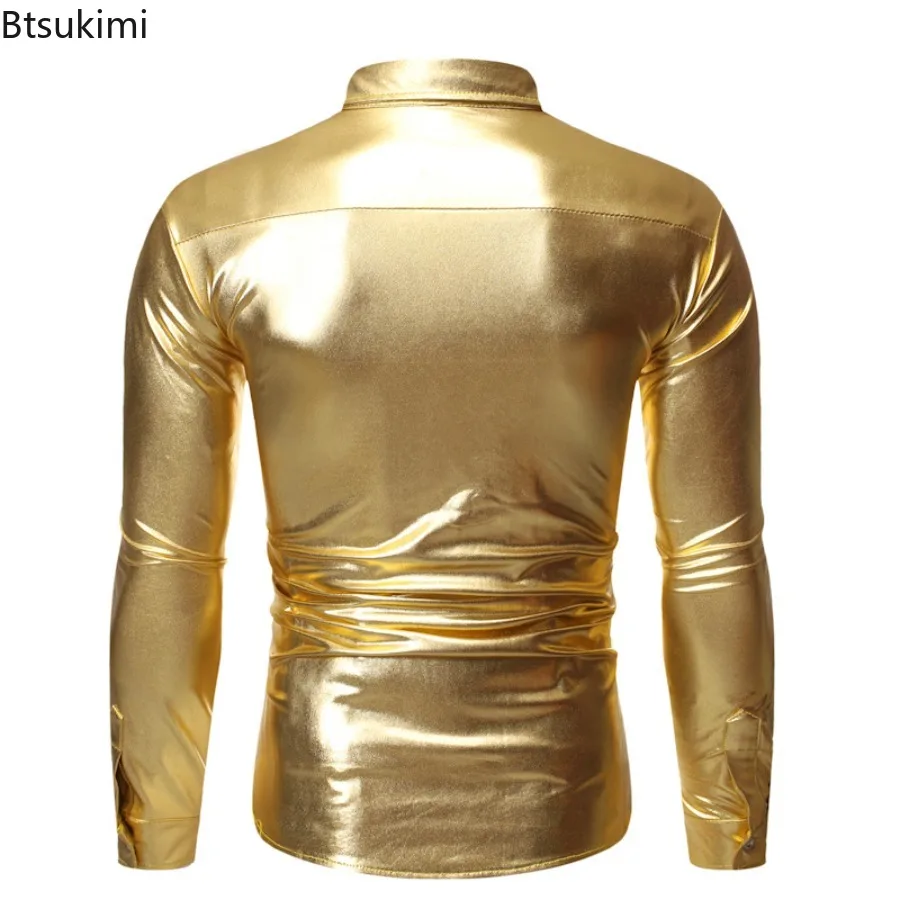 Fashion Metallic Sequins Glitter Shirts for Men 2025 New 70's Disco Party Nightclub Clothes Stage Performance Costume Shirt Male