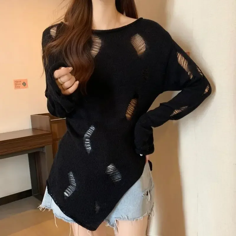 Slash Neck Hollow Out Knitted Sweater Women Loose Sweet Y2k Aesthetic Jumpers Japanese Casual Split Pullovers Trendy Tops Shirts