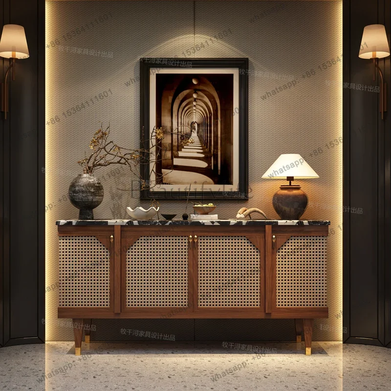 

D25French retro solid wood entrance dining side cabinet wabi sandy rattan medium and ancient style locker