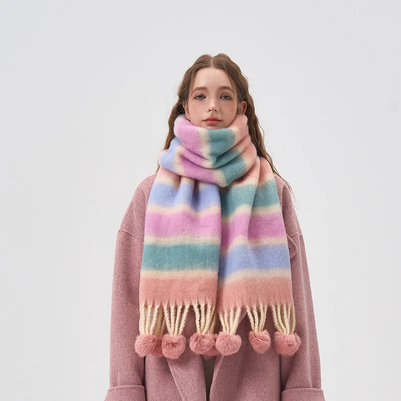 Colorful Striped Winter Scarf for Women Hairball Pashmina Scarves Wraps Female Thick Soft Bufanda Big Tassels Shawl Long Stoles