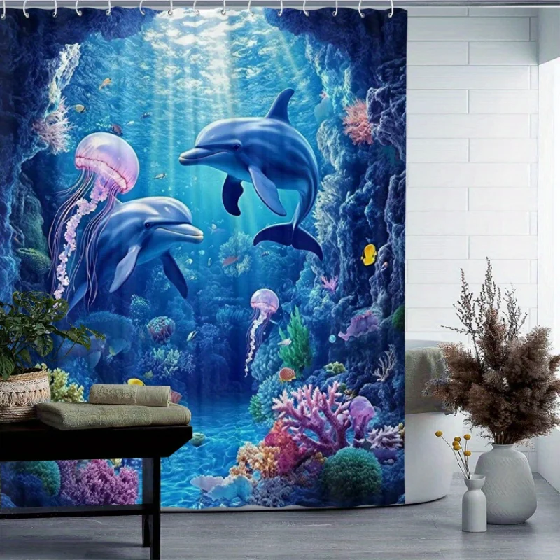 1pc Shower Curtain - Enchanted Underwater Scene with Dolphins, Jellyfish, and Colorful Coral Reef Design Waterproof