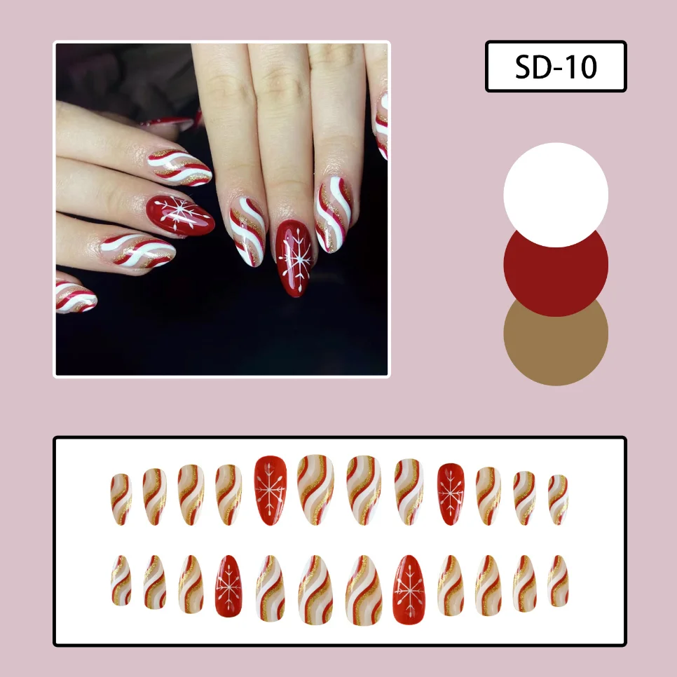 Uñas postizas onduladas, 24 piezas, rojo, blanco, dorado, purpurina, esmalte de uñas postizas a presión, copo de nieve, almendra, parche para decoración de uñas