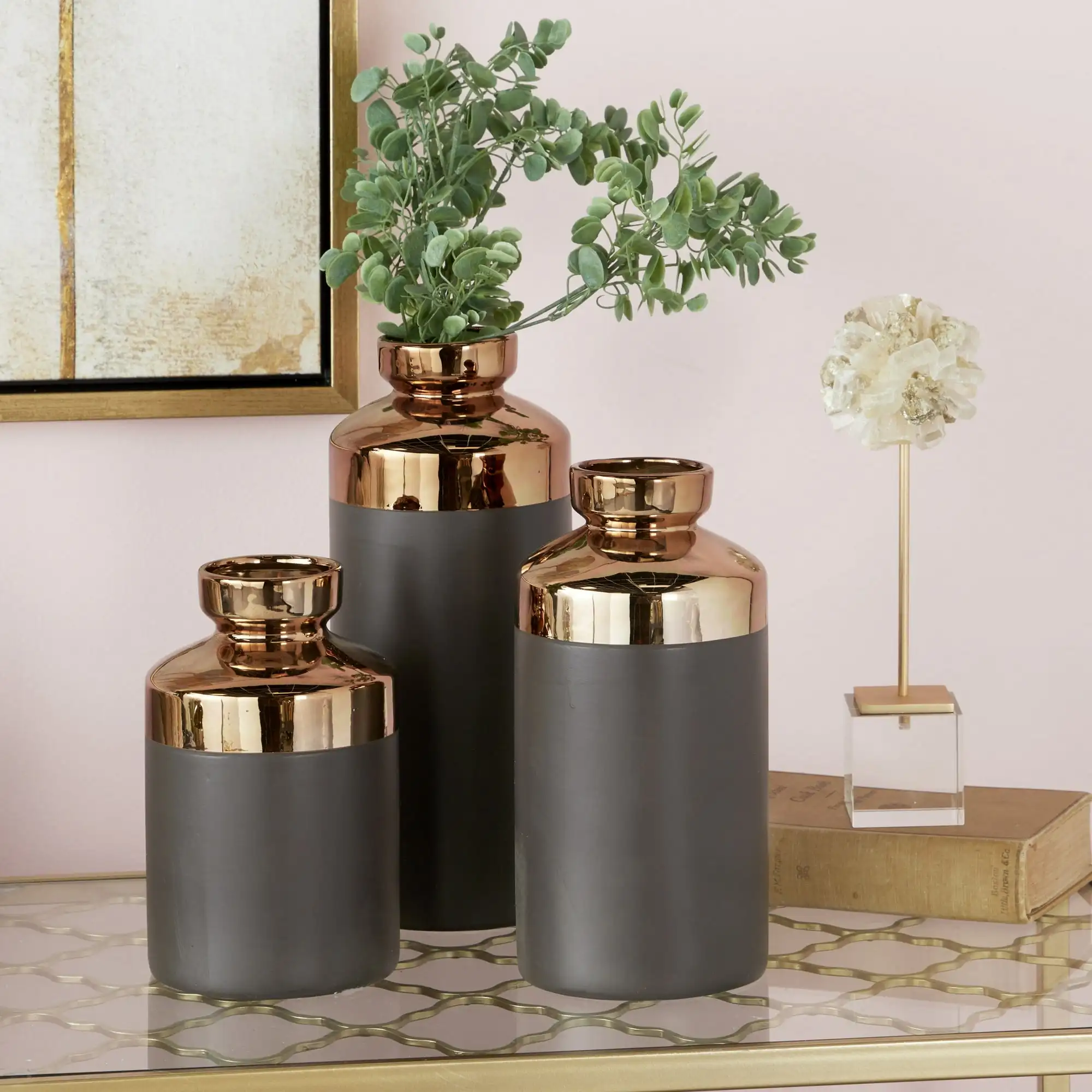 CosmoLiving von Cosmopolitan Jarrón de Cer Diego Gris de 8", 10", 12" de Alto con Tapas ähnelt Al Cobre, Juego de 3