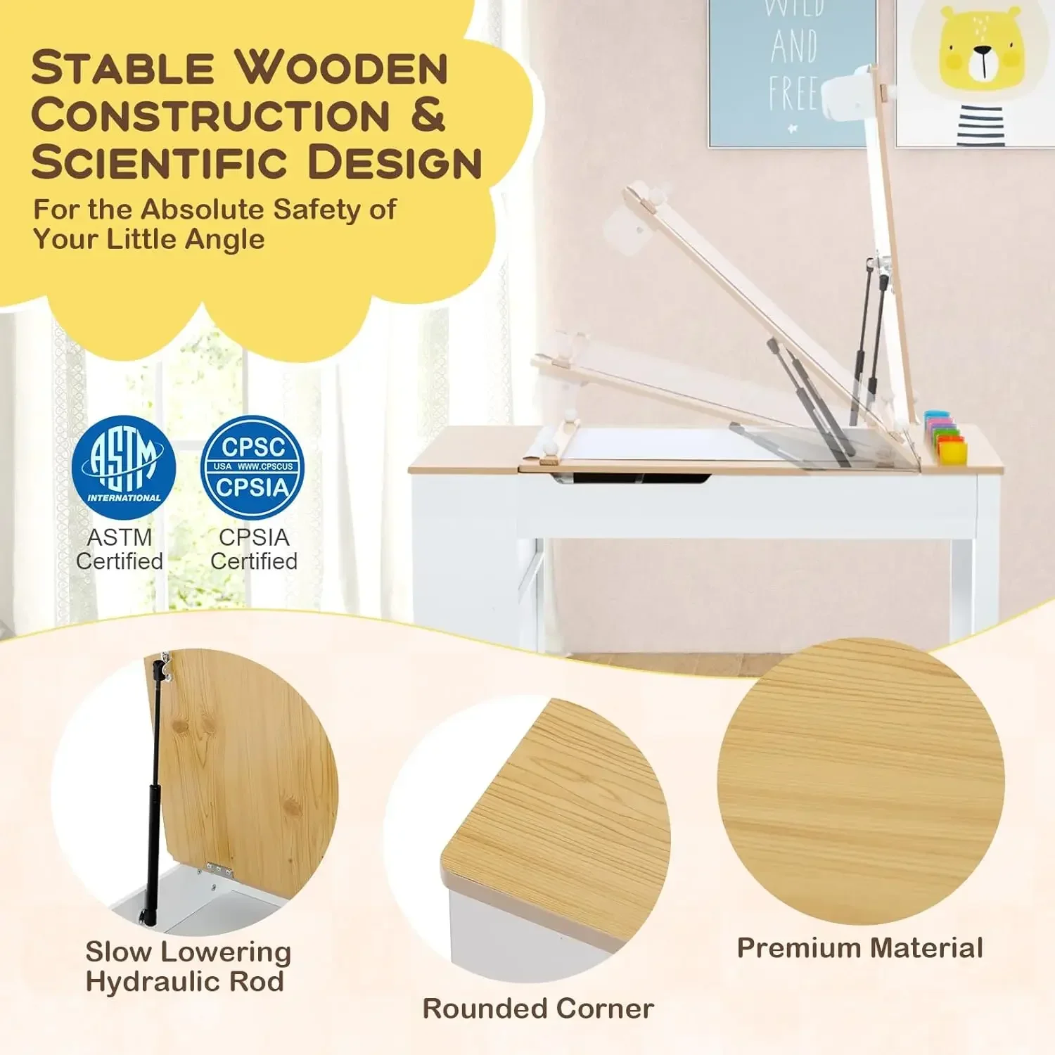 3 in 1 キッズテーブルと椅子セット、ウッドアートテーブルとイーゼルセット、椅子2脚、収納箱6個、ペーパーローラー、描画用ペイントカップ付き