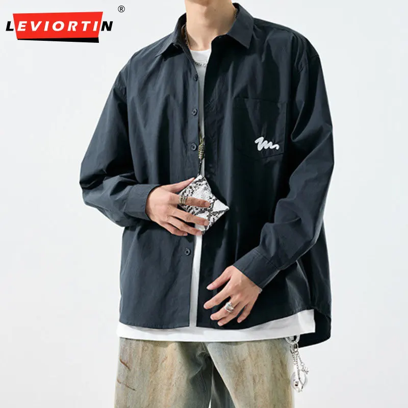 Youthful Men's Japanese Cargo Casual Shirt, Loose Embroidered Long Sleeve, All-Match Trendy Shirt for Spring and Autumn