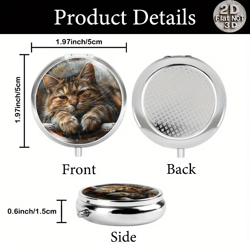 Flat, Portable, Round, Three-Compartment Metal Pill Box, Decorated with a Lying Cat Design, Suitable for Organizing Daily Vitamins or Medicines, Is an Ideal Gift for Mother's Day or International Peace Day, and Is Perfect for Storing Medicines and Preserving the Freshness of Vitamins